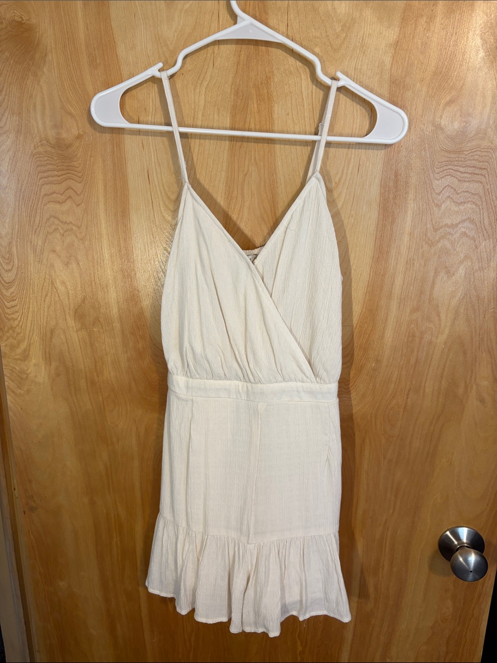 American Eagle Outfitters Cream Spaghetti-Strap Ruffle-Hem romper